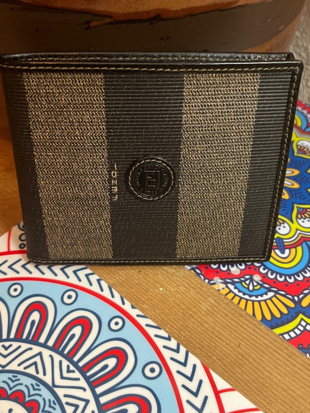 Fendi Men's Bifold Wallet in Black and Brown Stripe -